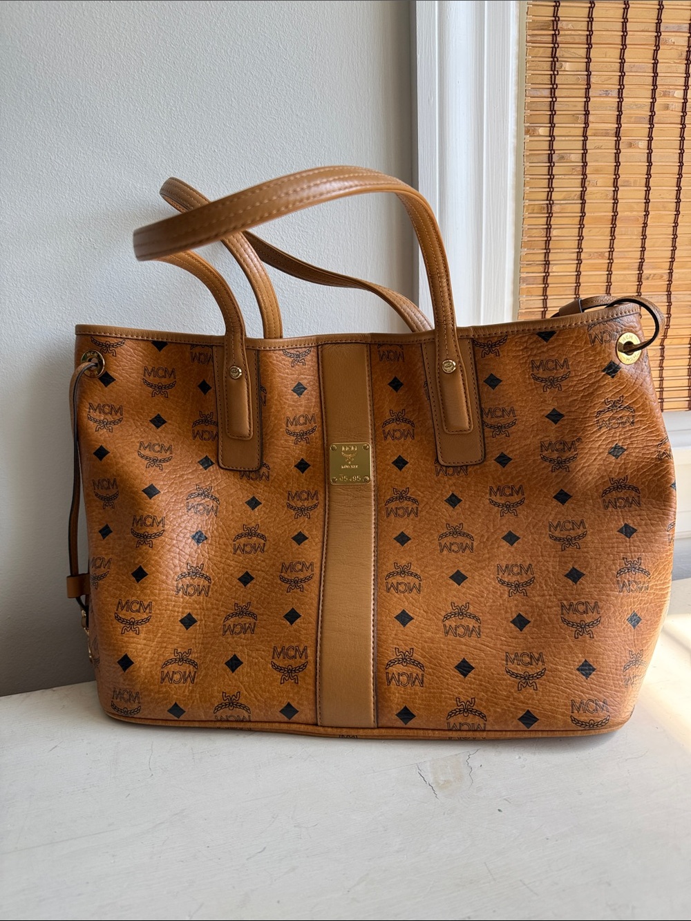 MCM Cognac Visetos Logo Canvas Tote with Brown Leather Trim